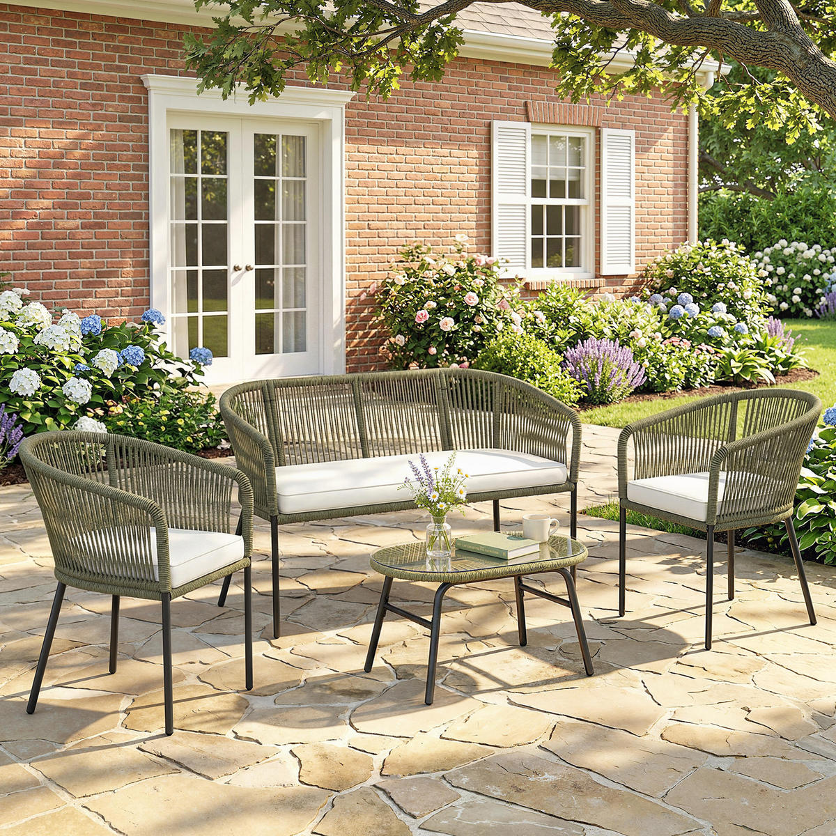 GARTENLOUNGE-SET Creme Stahl 4-teilig mit Kissen - Creme, Holzwerkstoff - PANGIVO