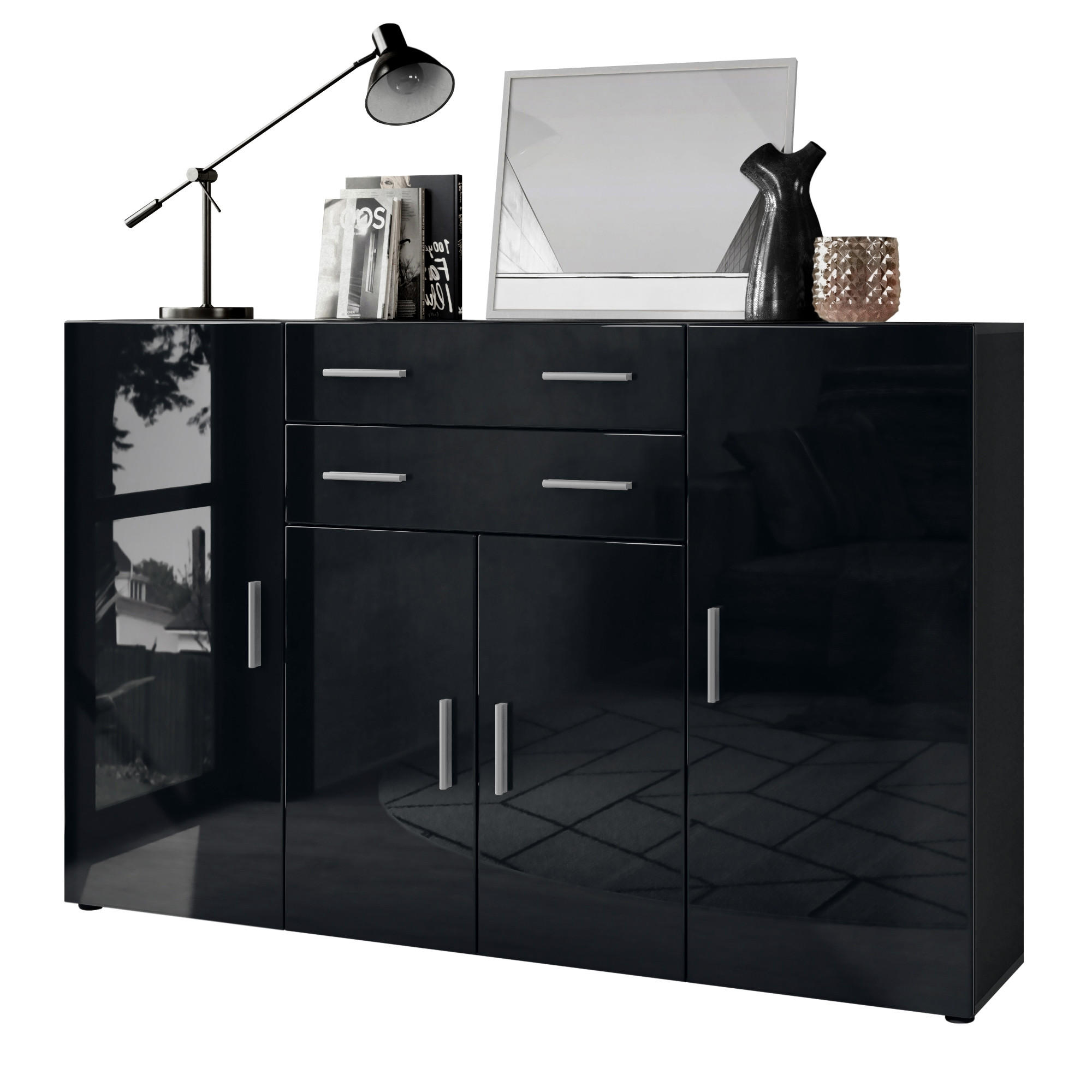 Vladon Highboard Schwarz Hochglanz 166.5x106.5x35 cm