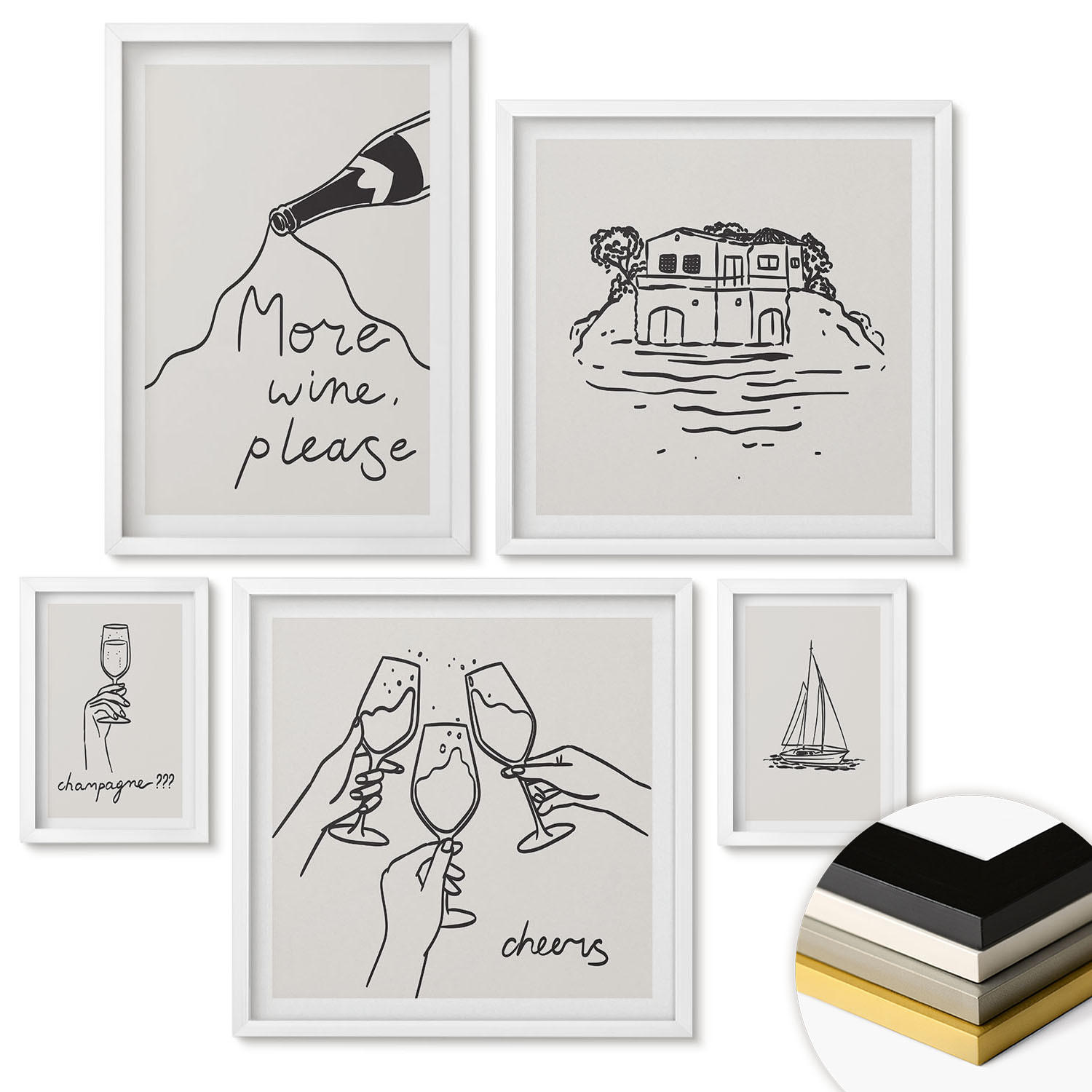 WANDBILDER 5er-Set - 50x50 cm & 20x30 cm & 40x60 cm Weißer Rahmen - Minimalistische Boho-Muster - Weiß, Kunststoff (40/60cm) - ArtPrintCave