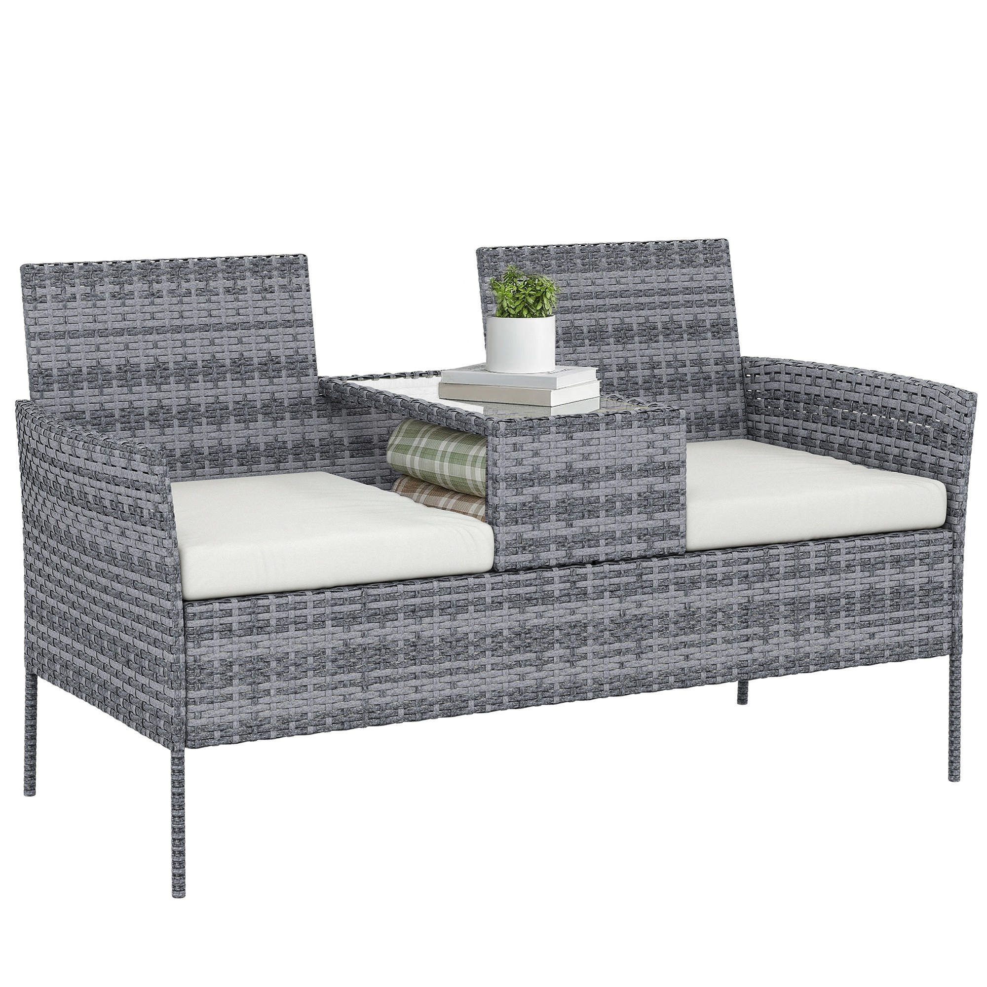 GARTENBANK 2-Sitzer DE-13678 mit integriertem Tisch Schwarz - Grau, Metall (135/81/64cm) - ComfortXL