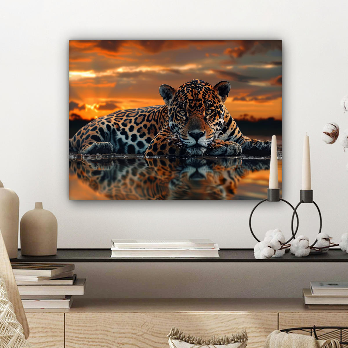 LEINWANDBILD Natur - Leopard - Tier - Sonnenuntergang - Modern 40x30 cm - Orange, Textil (40/30cm) - MuchoWow