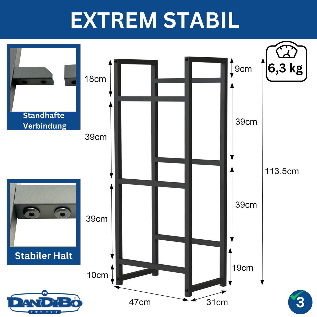 GETRÄNKEKISTENREGAL 3 Kisten Schmal Metall Stehend 47 cm 96599 - Schwarz, Metall (47/113.5/31cm) - DanDiBo