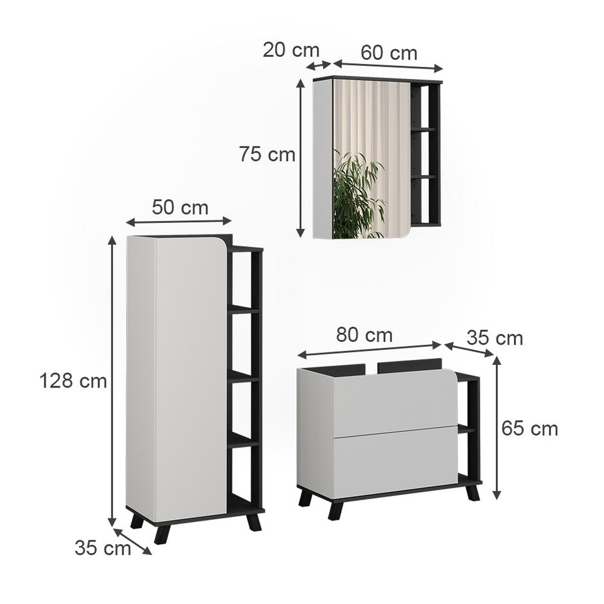 SÚPRAVA KÚPEĽŇOVÉHO NÁBYTKU Karen, biely/antracitová, 3 časti - biela/antracitová, kompozitné drevo (80/65/35cm) - Vicco
