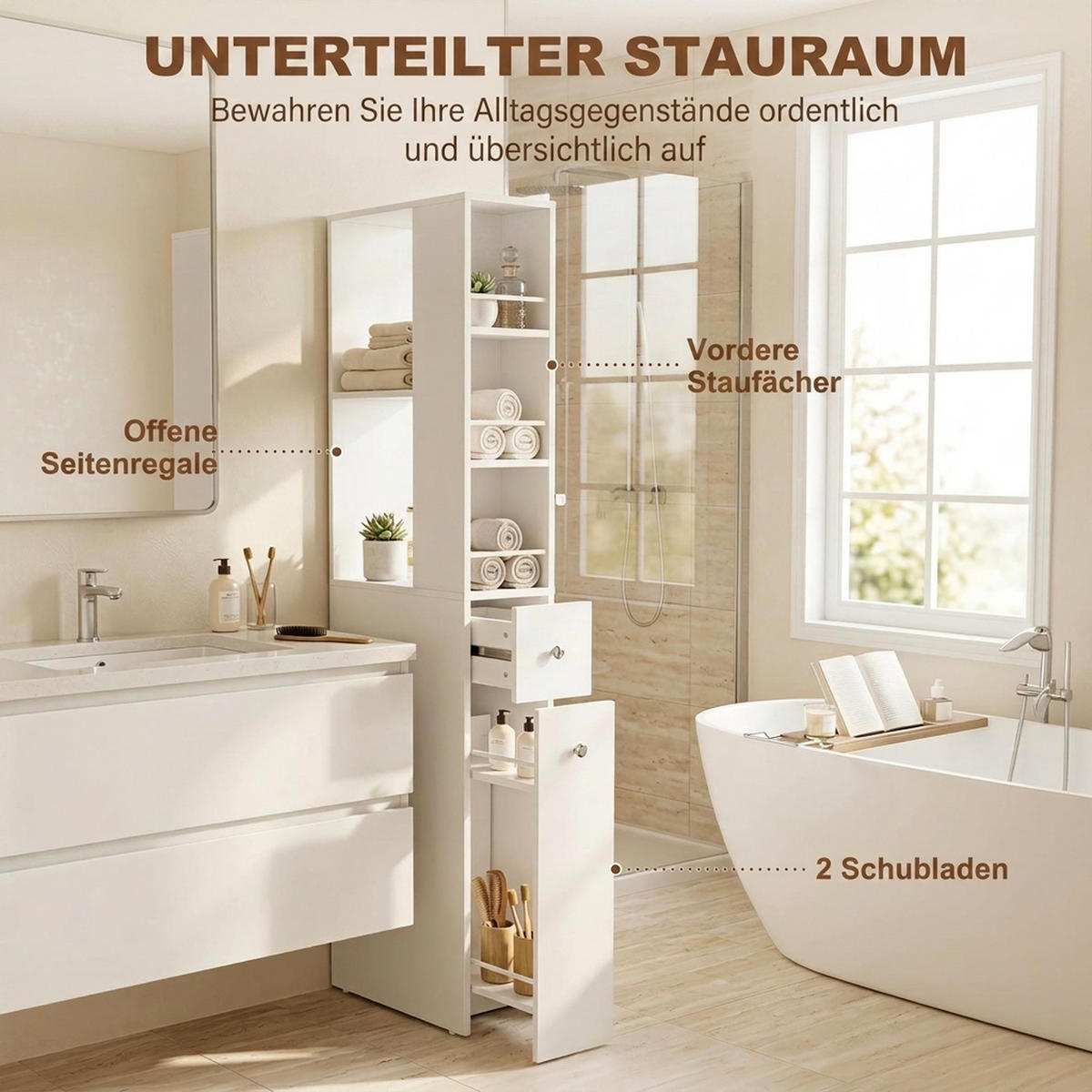 BADEZIMMERSCHRANK MDF Weiß - Silberfarben/Weiß, Holzwerkstoff/Metall (18/135/40cm) - HOMCOM