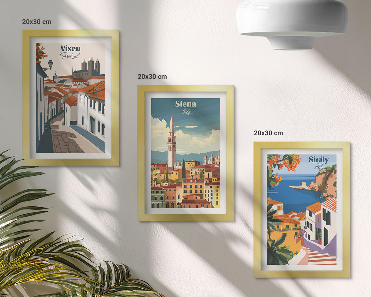 WANDBILDER 3er Set - 20x30 cm Goldrahmen - Retro-Illustrationen von Weltstädten - Goldfarben, Kunststoff (20/30cm) - ArtPrintCave