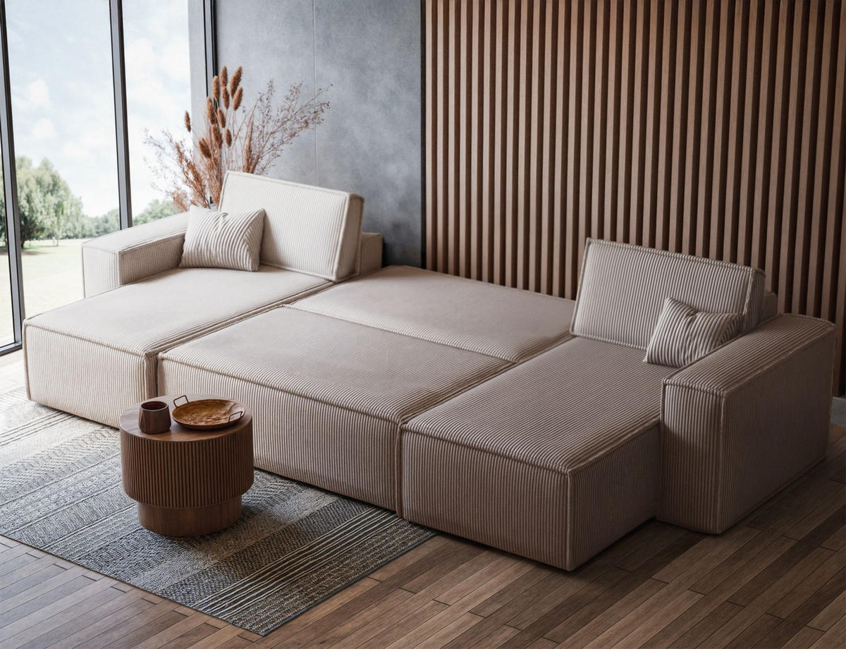 WOHNLANDSCHAFT Scarlo Beige Cordbezug - Beige/Schwarz, Kunststoff/Textil (244/83/145cm) - Selsey