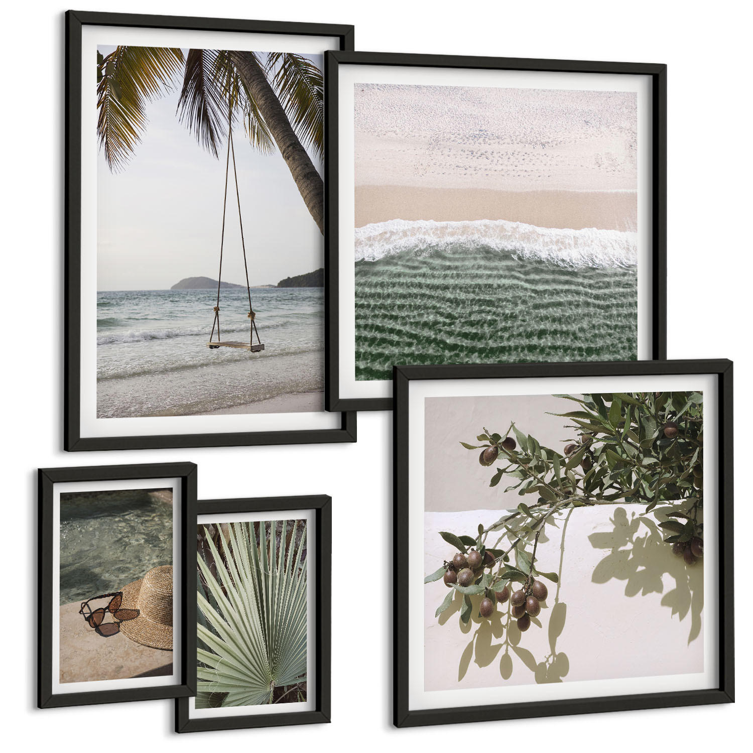 BILDER SET 5er Set - 50x50 cm & 20x30 cm & 40x60 cm Schwarzer Rahmen - Strandschaukel-Blätterurlaub - Schwarz, Kunststoff (40/60cm) - TULUP