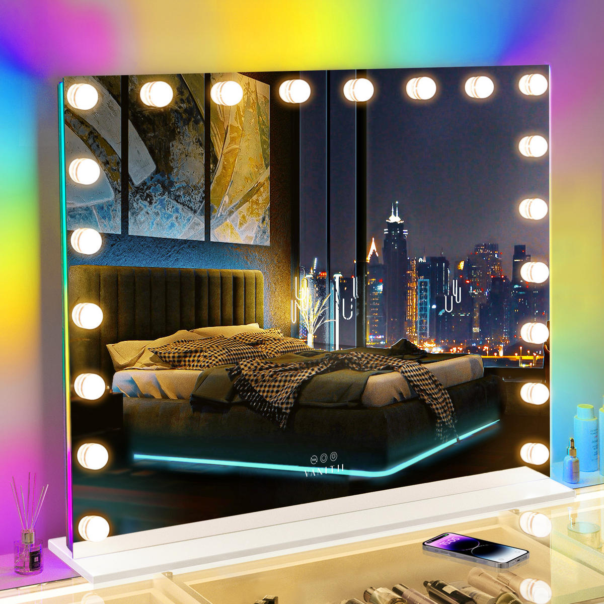 SCHMINKSPIEGEL mit LED-Beleuchtung und RGB Hintergrundbeleuchtung weiß 100/80 cm - Weiß, Metall (100/80/3cm) - VANITII