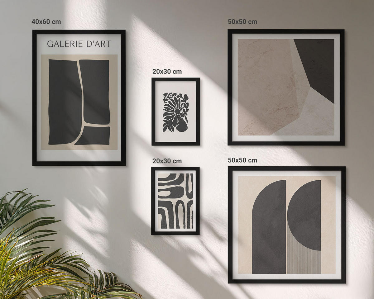 BILDER SET 5er Set - 50x50 cm & 20x30 cm & 40x60 cm Schwarzer Rahmen - Abstrakte minimalistische Poster - Schwarz, Kunststoff (40/60cm) - TULUP