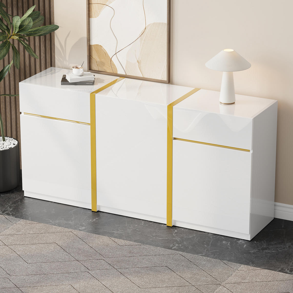 SIDEBOARD Hochglanz 3 Türen 2 Schubladen modern - Weiß, Holz (160/78/40cm) - LEBENLANG