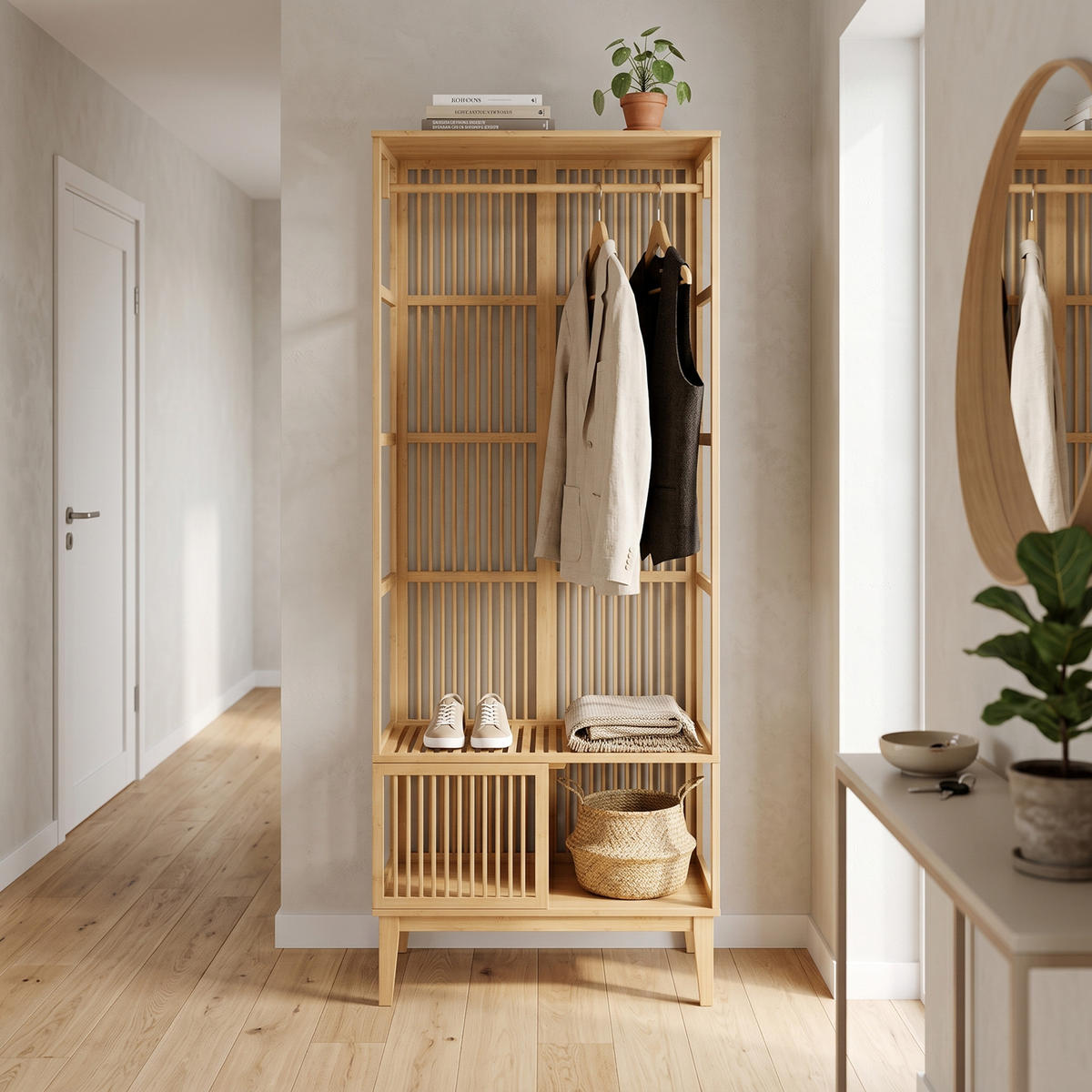 ŠATNÍKOVÝ STOJAN Vemb - prírodná farba, drevo (80/185/45cm) - [en.casa]