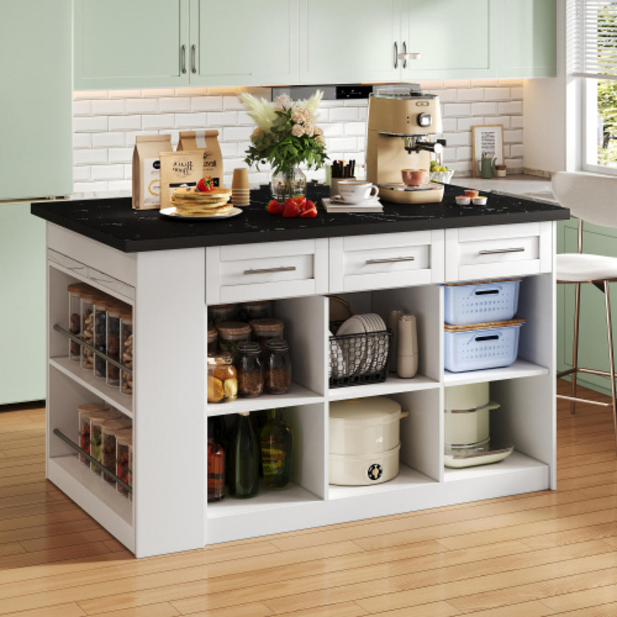 KÜCHENINSEL Weiß aus MDF mit integriertem ausziehbarem Esstisch 150 × 90 × 90 cm - Weiß, Holzwerkstoff (150/90/90cm) - Luhomfu