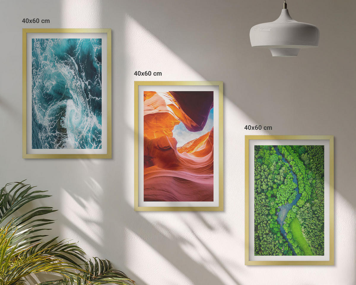 BILDER SET 3er Set - 40x60 cm Goldrahmen - Wasserbewegung Canyon grüner Wald - Goldfarben, Kunststoff (40/60cm) - TULUP