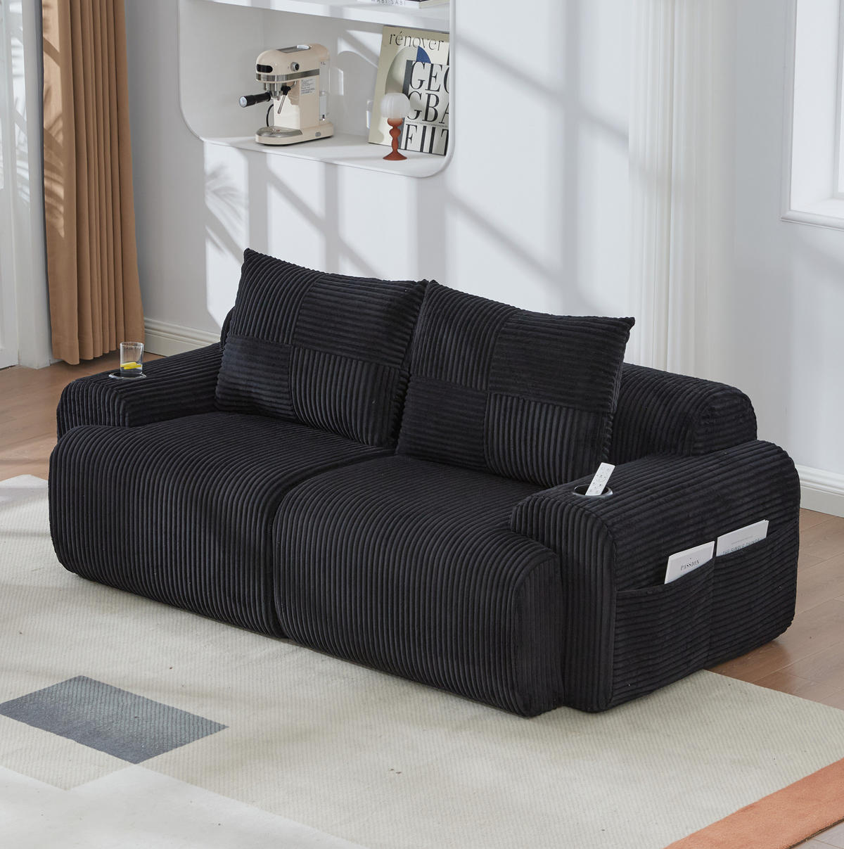 2-SITZER Cordsofa modular mit Getränkehalter und Seitentasche 200/99/80 cm Schwarz - Schwarz, Textil (99/80/200cm) - Redom