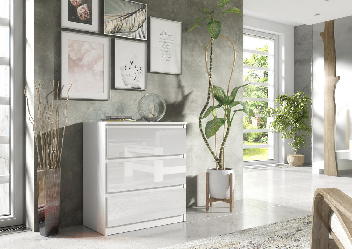 KOMMODE NUDO 70/78,5/39cm mit 3 Schubladen Türen Weiß - Weiß Hochglanz/Weiß, Holzwerkstoff (70/78.5/39cm) - MASSENO