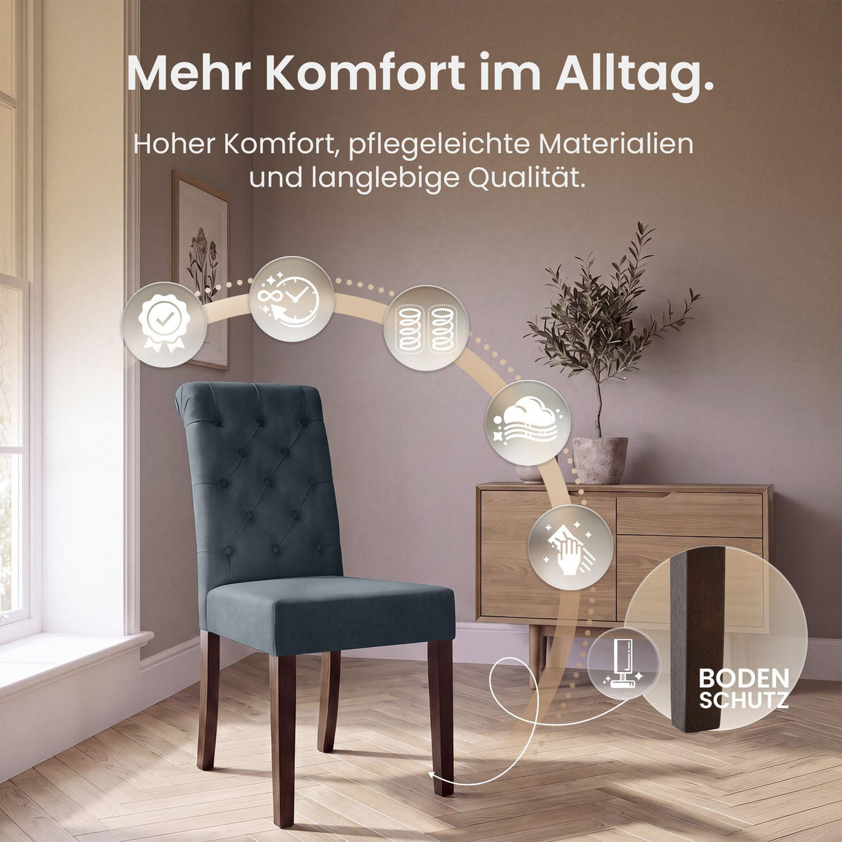 STUHL 2er Set Samt Dunkelgrau - Dunkelgrau/Walnussfarben, Holz/Textil (45/98/63cm) - CLP