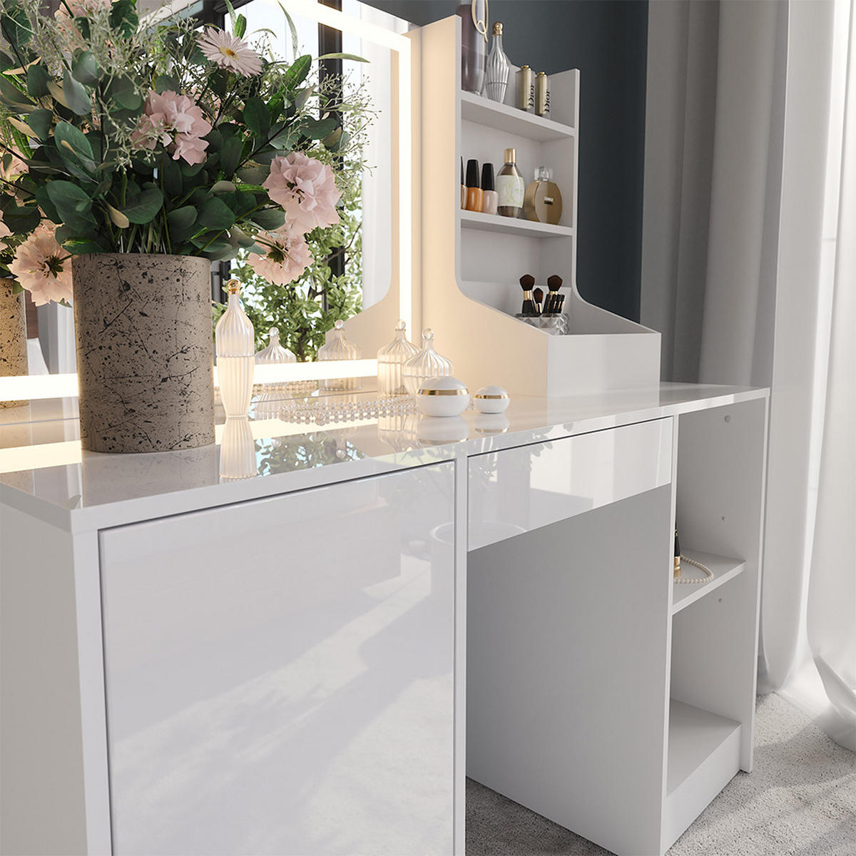 SCHMINKTISCH Sherry Weiß/Weiß Hochglanz 128.2 cm mit LED-Spiegel - Weiß Hochglanz, Holzwerkstoff (128.2/76/50.1cm) - Vicco