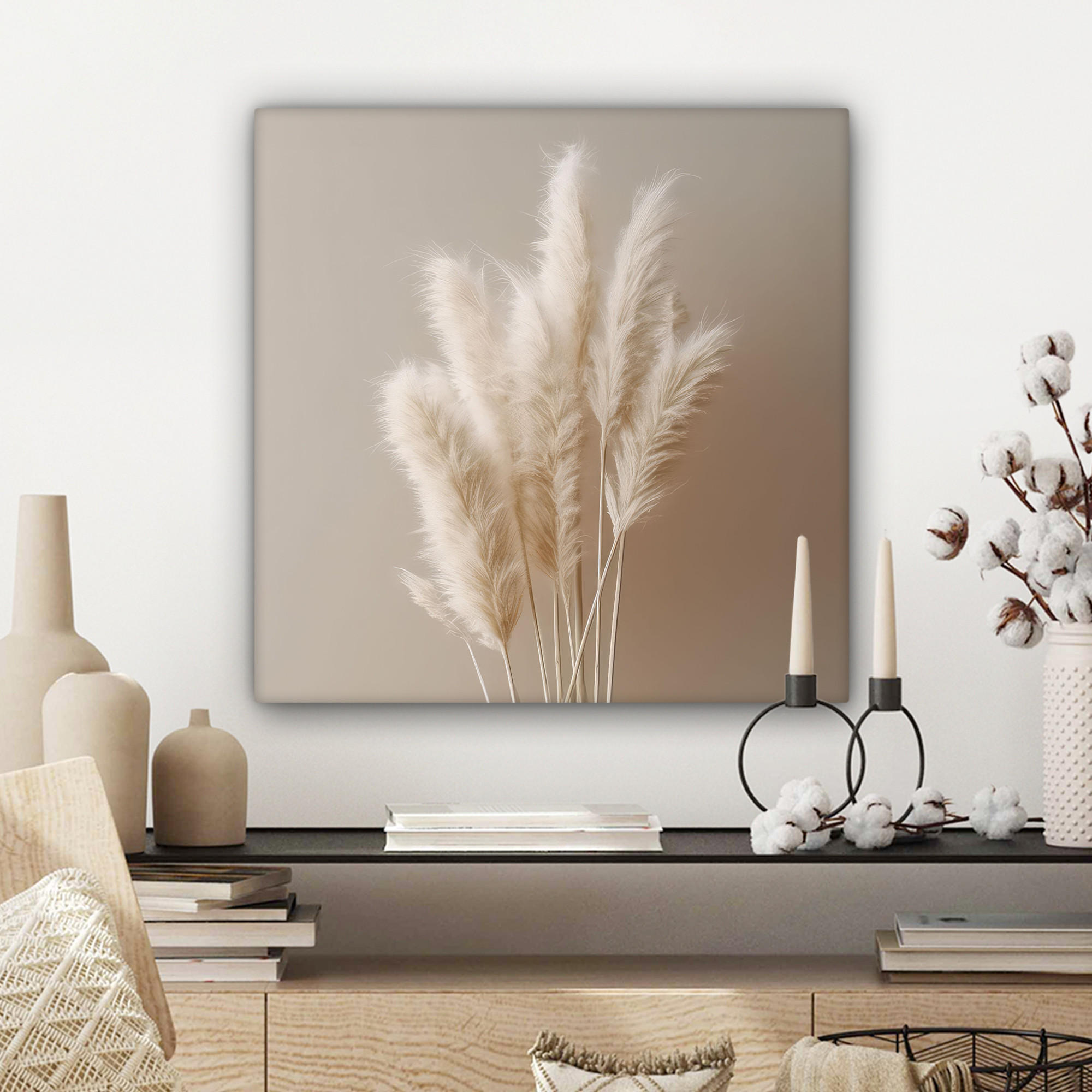LEINWANDBILD Pampasgras - Federn - Pastell - Weiß 50x50 cm - Naturfarben, Textil (50/50cm) - MuchoWow