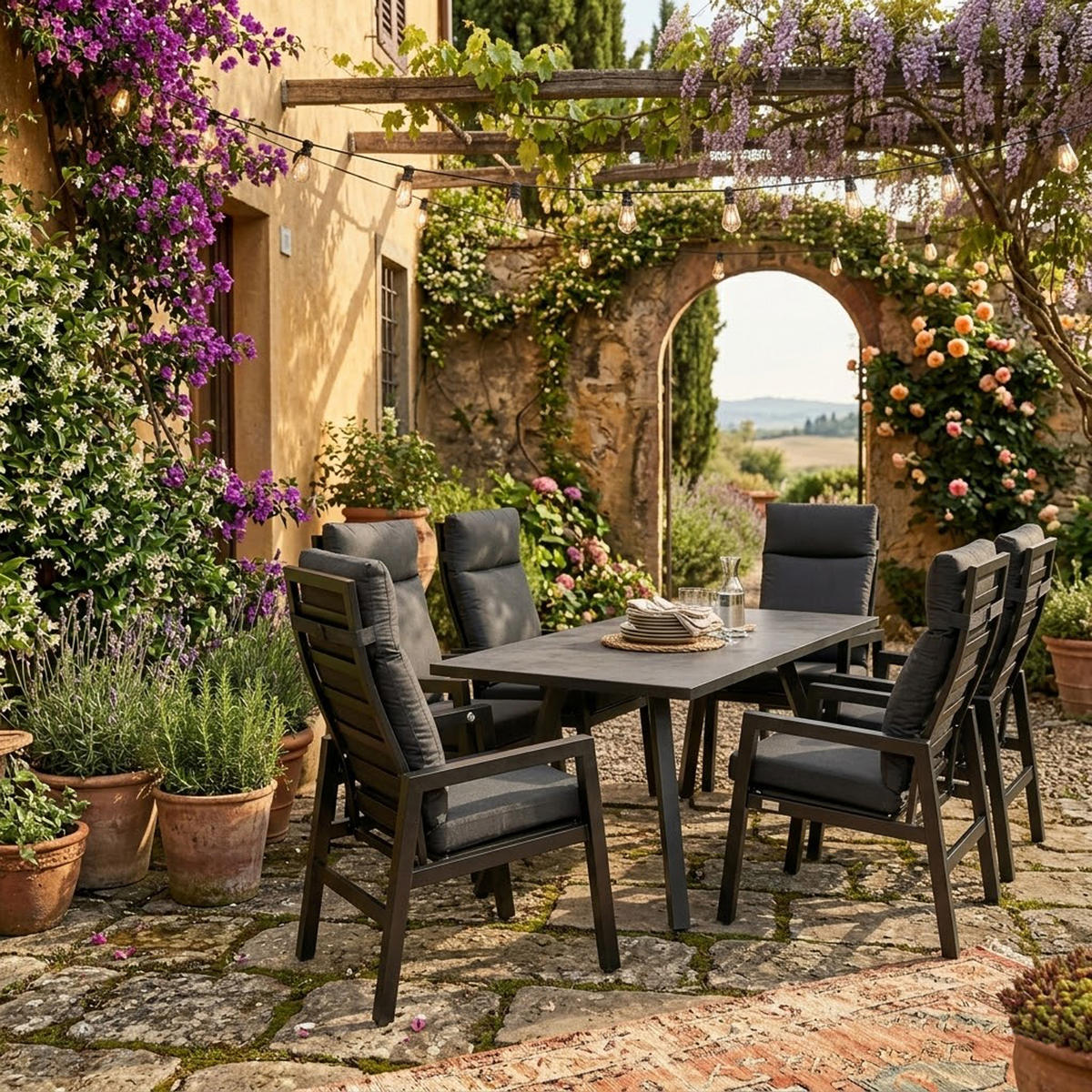 GARTENGARNITUR Luton - 7-teilig (6x Hochlehner Sessel mit Armlehnen, 1x Tisch 180x90cm), Gestell Aluminium dunkelgrau - Grau, Metall - TPFGarden