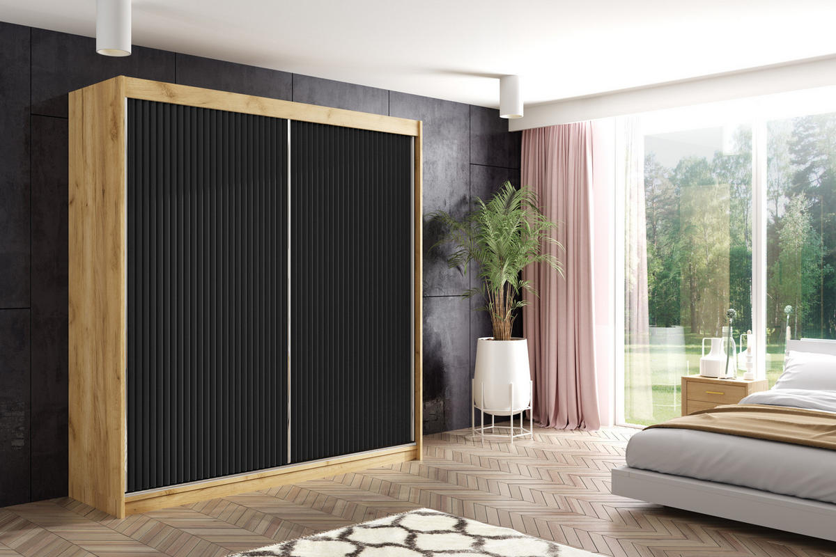 KLEIDERSCHRANK RYFLOX mit LED - 200 - Eichefarben|Schwarz - Eichefarben/Schwarz, Holzwerkstoff (200/215/61cm) - ALTDECOR