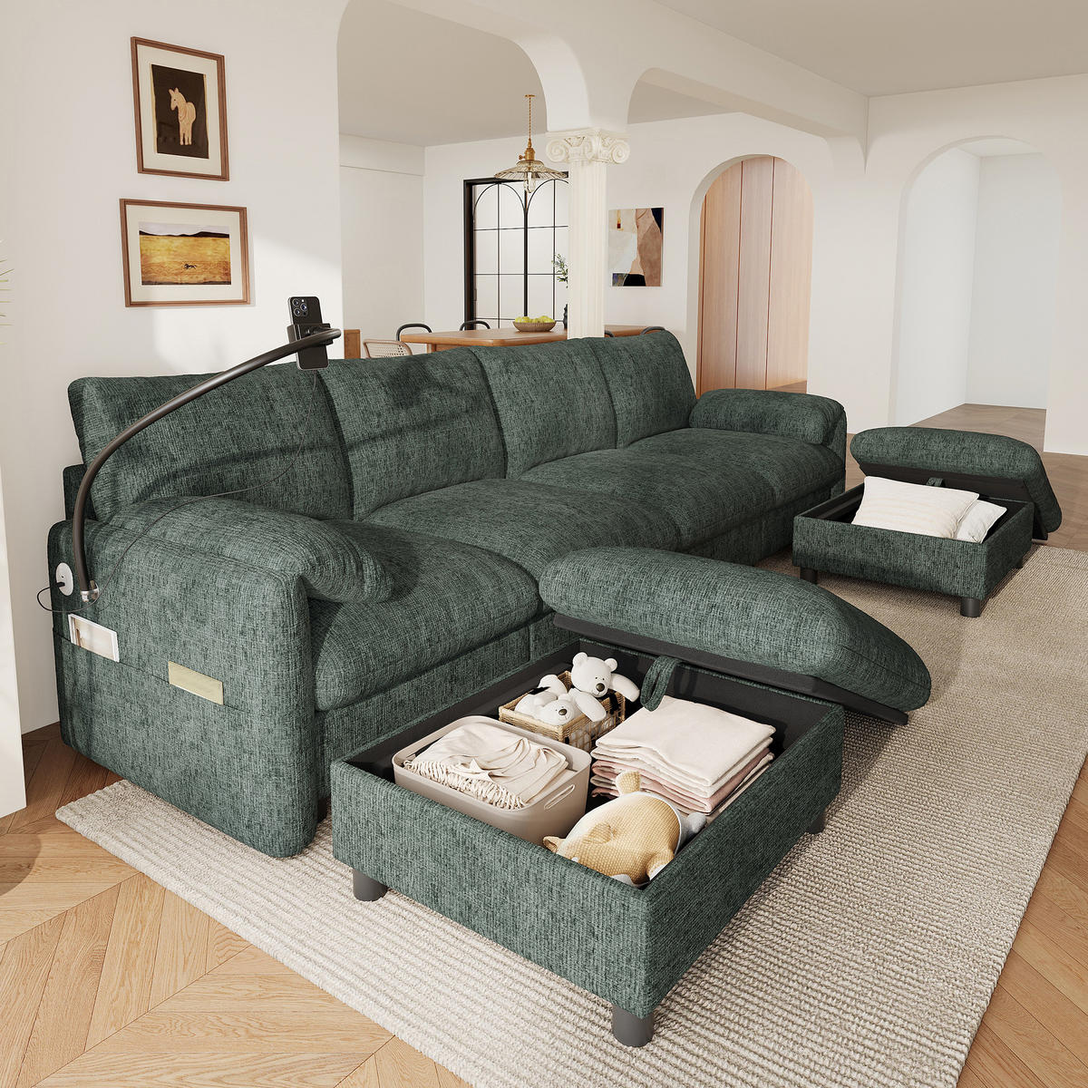 SCHLAFSOFA mit 6 Sitzen aus Chenille mit USB/Type-C, Handyhalter und Stauraum-Hockern - Grün, Textil (273.5/81/133cm) - EVRYAE