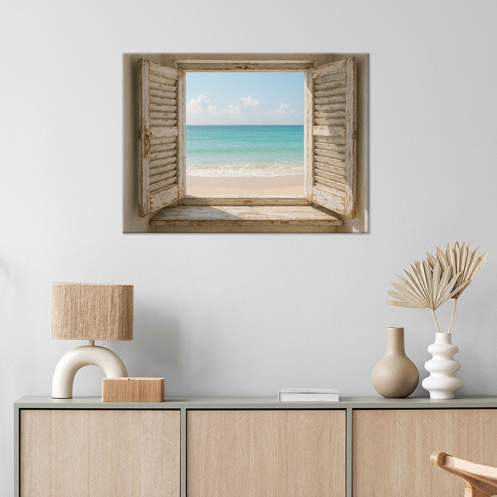 LEINWANDBILD Blick aus dem Fenster auf den Strand Shabby Chic 100x70cm - Beige, Textil (100/70cm) - Feeby