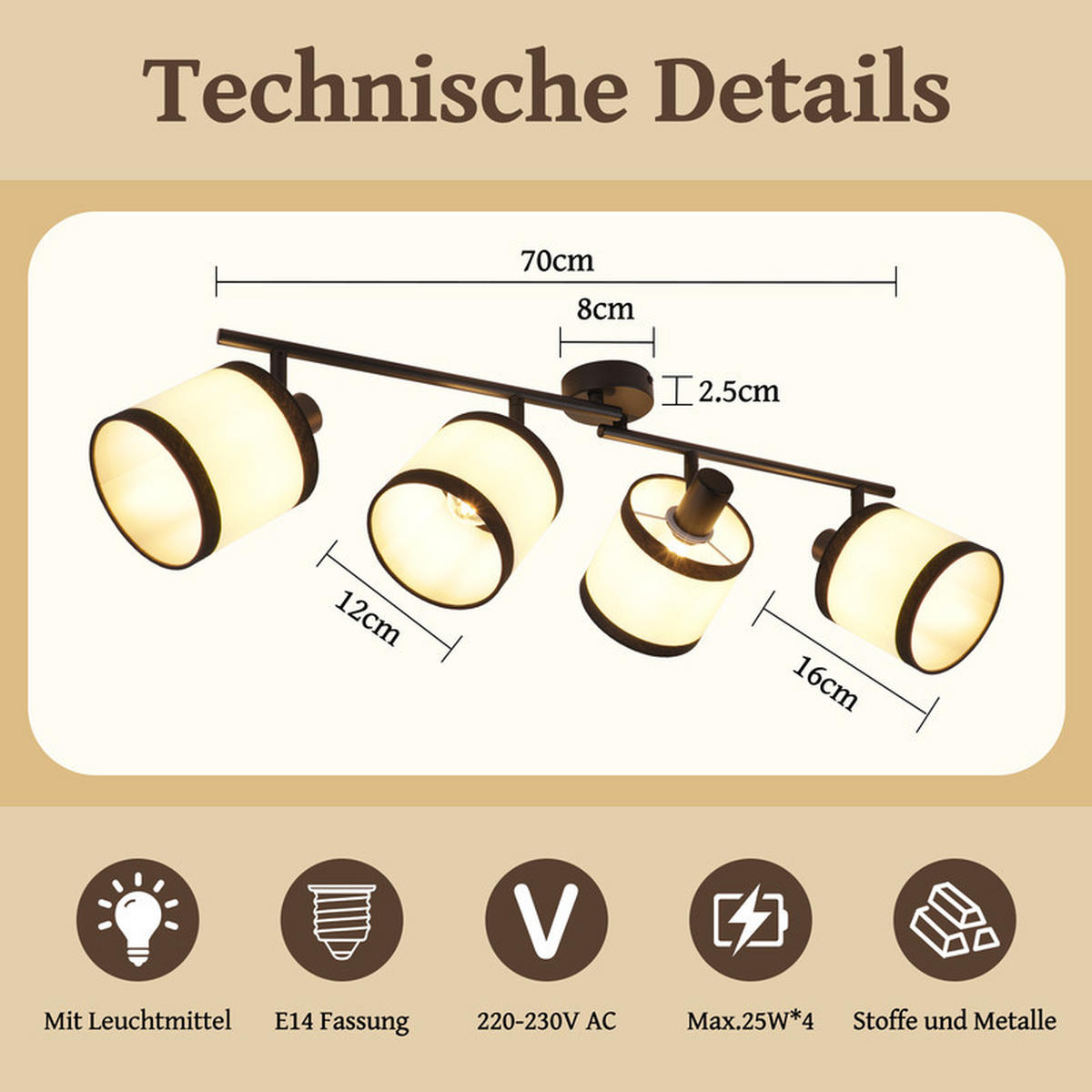 DECKENSTRAHLER Charme Ⅲ 4-flammig 70/12/18 cm - Schwarz, Metall (70/12/18cm) - Nettlife