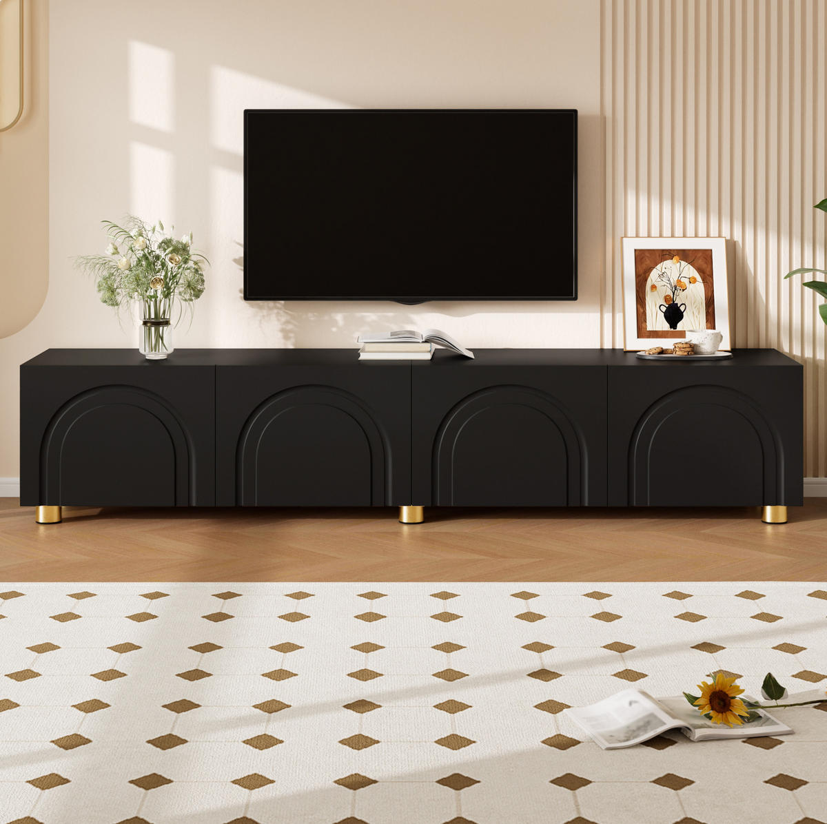TV-SCHRANK mit 4 Türen 180 x 35 x 40 cm Schwarz mit Metallfüßen - Schwarz, Holzwerkstoff (35/40/180cm) - Beauniv