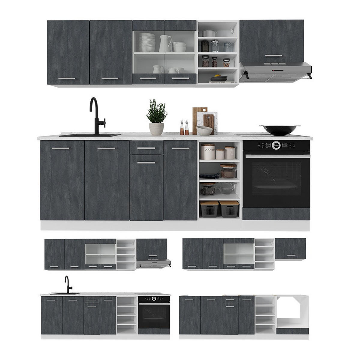 KÜCHENZEILE R-Line Schwarz Beton/Weiß 240 cm AP Eiche - Schwarz/Weiß, Holzwerkstoff (240/206.8/60cm) - Vicco