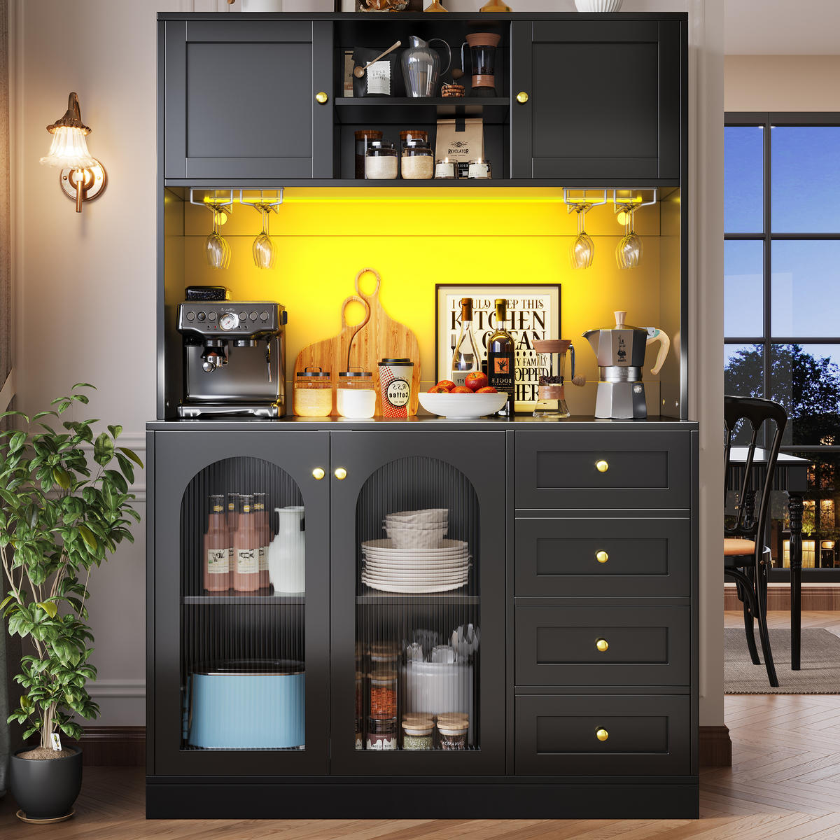 BUFFETSCHRANK Kombi Schwarz 120/40/188 cm - Schwarz, Holz (120/188/40cm) - PANGIVO