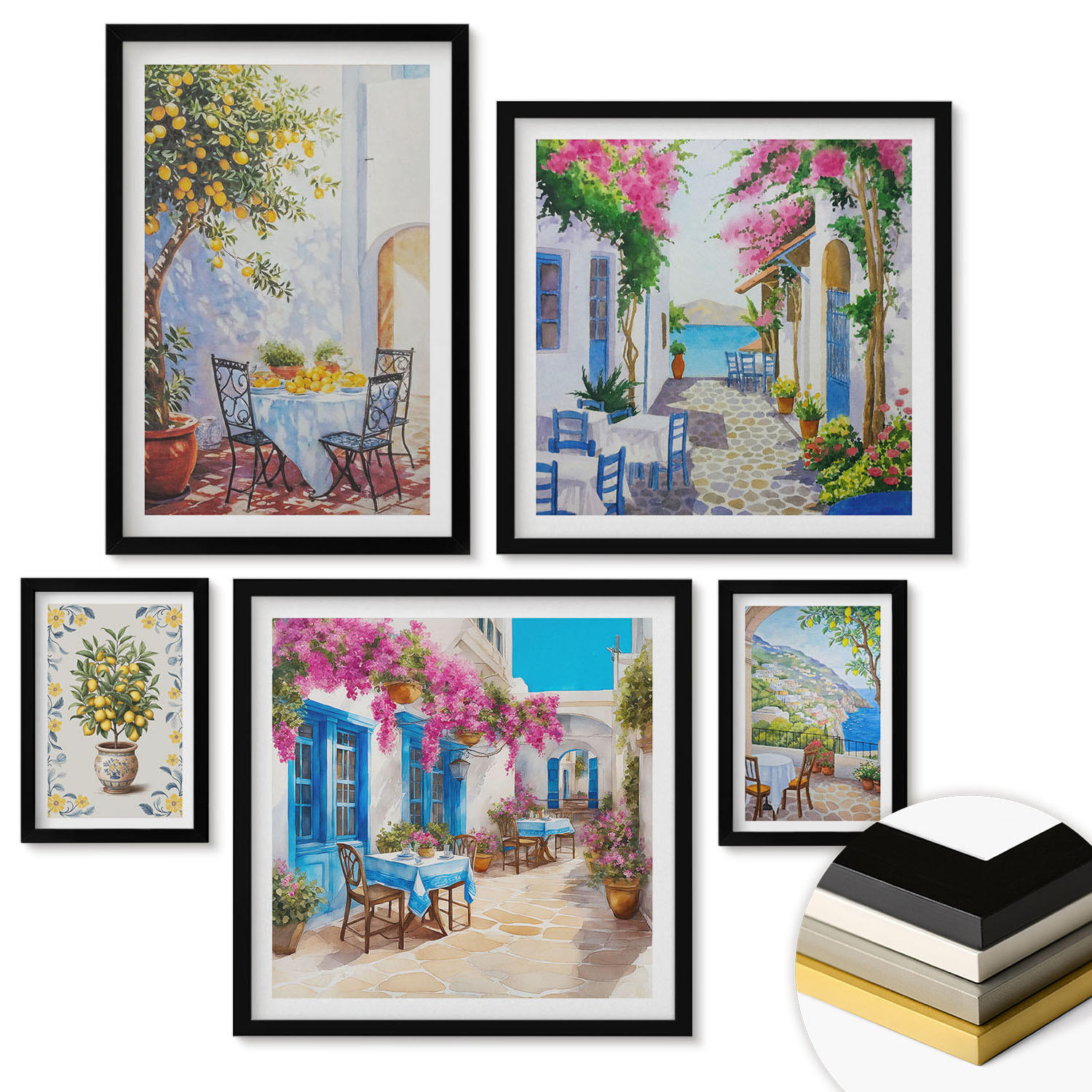 WANDBILDER 5er-Set - 50x50 cm & 20x30 cm & 40x60 cm Schwarzer Rahmen - Berglandschaften mit einem Fluss - Schwarz, Kunststoff (40/60cm) - ArtPrintCave