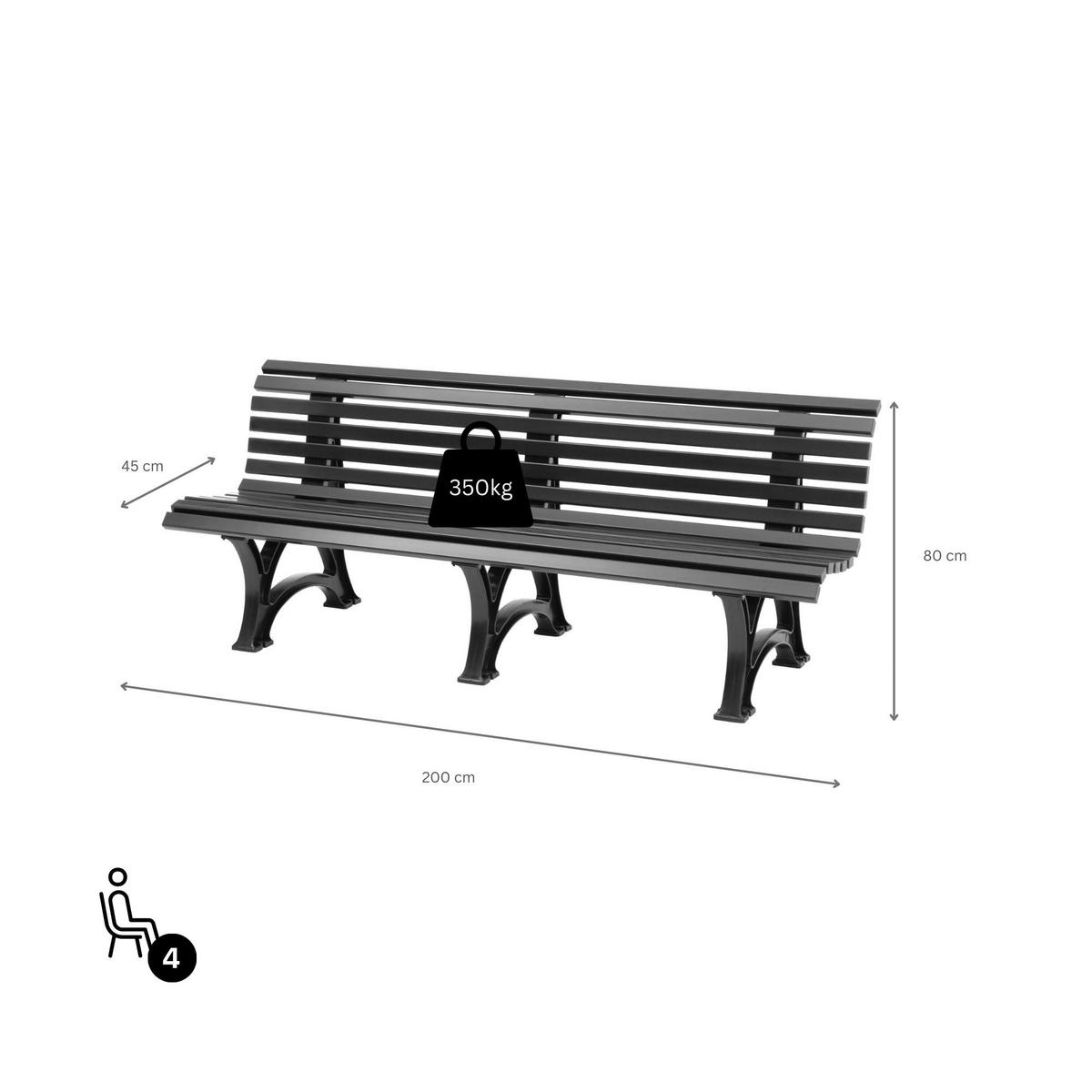 GARTENBANK Jamaika 4 Sitzer Graphitgrau 80 x 200 x 64 cm Witterungskunststoff & UV Beständiger Kunststoff - Graphitfarben, Kunststoff (200/80/64cm) - PROREGAL