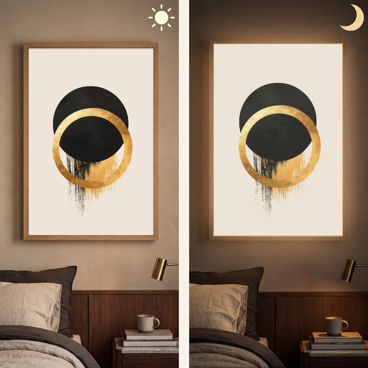 WANDLEUCHTE MIT AKKU Abstraktes Design - Schwarzer Kreis - Farbflecken 70x100 cm - Creme, Holzwerkstoff (70/100/8cm) - OnlyWow