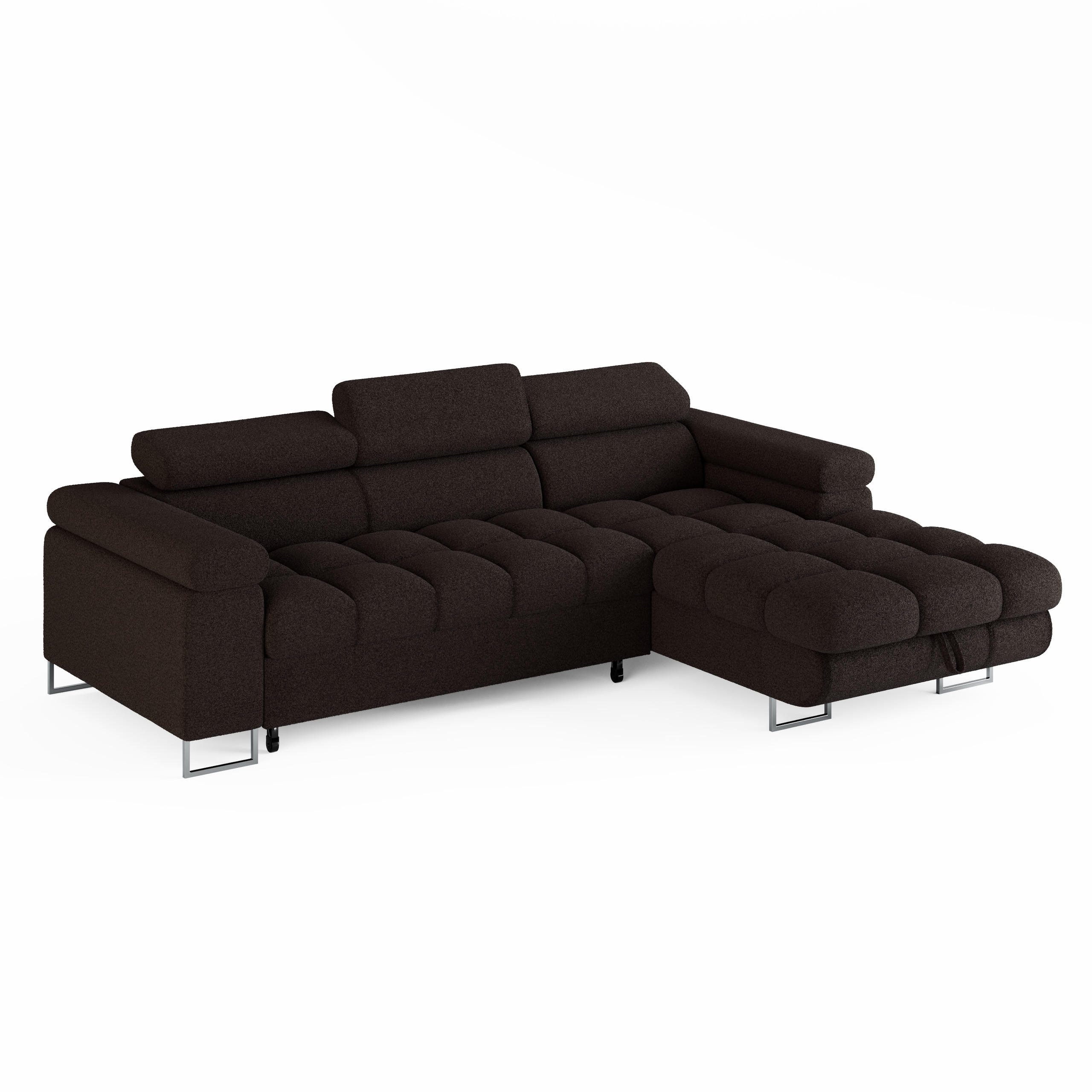 ECKSOFA CLOUD Rechts Dunkelbraun L-Form Bouclé-Stoff mit Schlaffunktion und Bettkasten - Chromfarben/Dunkelbraun, Holz/Metall (175/235cm) - Barchello