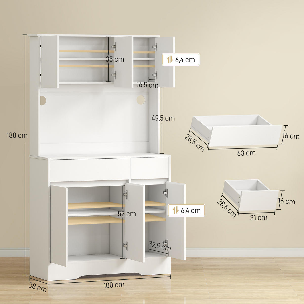 BUFFET DE-11183 LED-Beleuchtung, 6 Türen Weiß - Weiß, Holzwerkstoff (38/180/100cm) - ComfortXL
