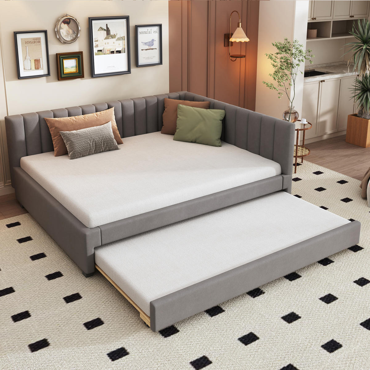 BETT 209,5/147/71 cm mit ausziehbarem Bett & Kopfteil Samt Grau - Grau, Leder (140/200cm) - OKWISH