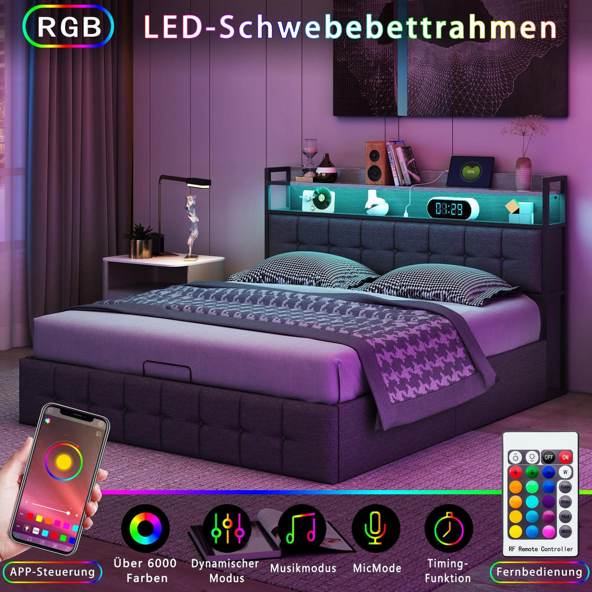 POLSTERBETT mit Bettkasten, 140/190 cm, mit LED, USB, und hydraulischem Stauraum, Lattenrost, Grau - Grau, Textil (140/190cm) - Waldena