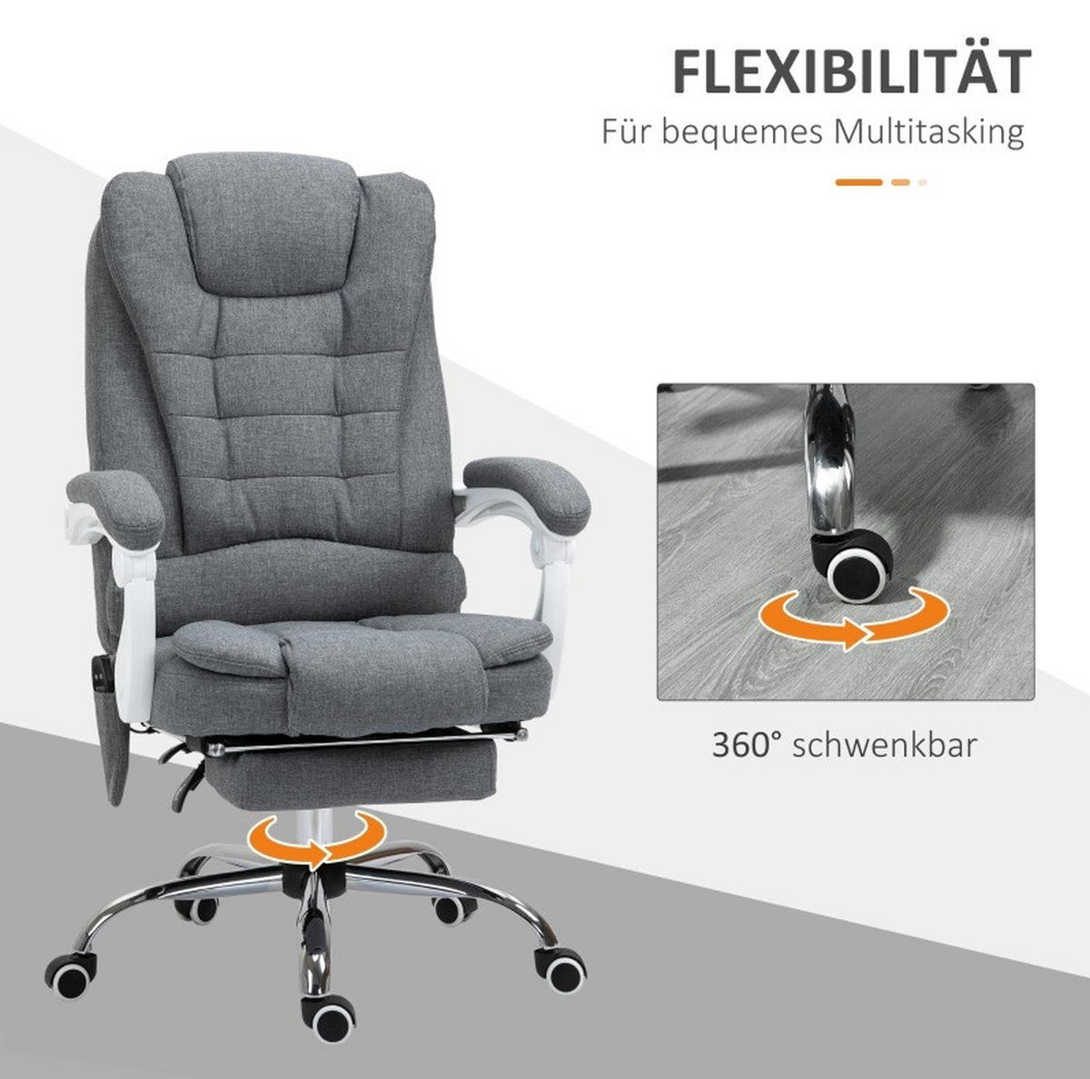 DREHSTUHL 65/70/111-119 cm grau aus Polyester mit Massage und Fußstütze - Grau, Kunststoff (70/119/65cm) - OKWISH