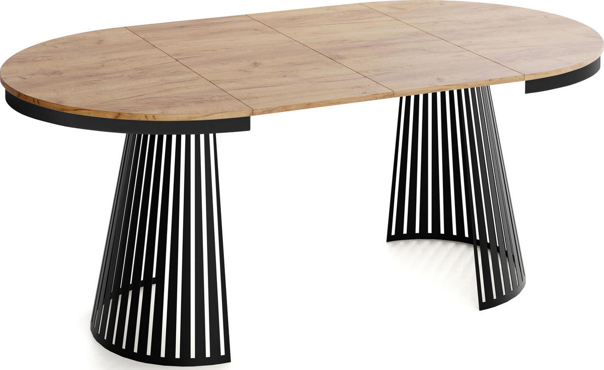 ESSTISCH Naro rund ausziehbar mit Schwarzem Lamellen-Metallgestell, Braun 120-200/120/76 cm - Eiche Wotan/Schwarz, Holzwerkstoff/Metall (120/120/76cm) - WFL GROUP