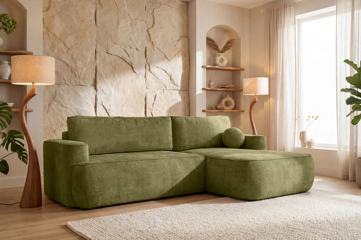 ECKSOFA Marion mit Schlaffunktion & Bettkasten in Chenille Grün, Rechts 267/154/83 cm - Schwarz/Grün, Kunststoff/Textil (267/154cm) - WFL GROUP