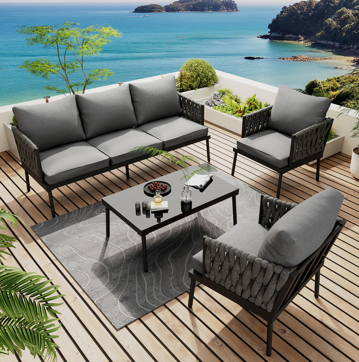 GARTENSET 4-tlg. 180x68x66cm grau aus Stahl und Seil mit Glas - Grau, Textil - Modfu