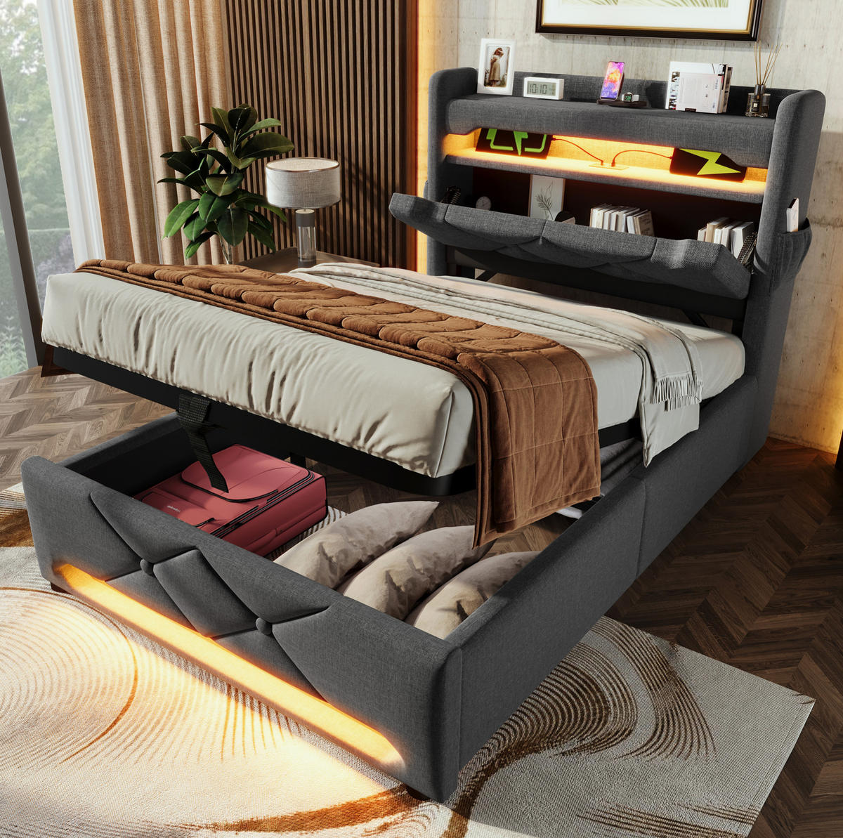 POLSTERBETT mit LED-Beleuchtung 90/200 cm in Grau mit Bettkasten & USB - Grau, Textil (90/200cm) - BEAOK