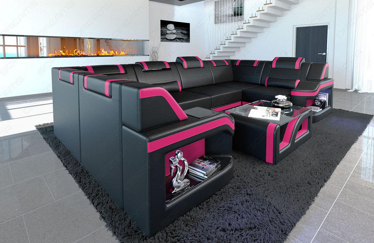 WOHNLANDSCHAFT Sofa Padua U Schwarz Pink Kunstleder - Schwarz, Textil (308/80/185cm)