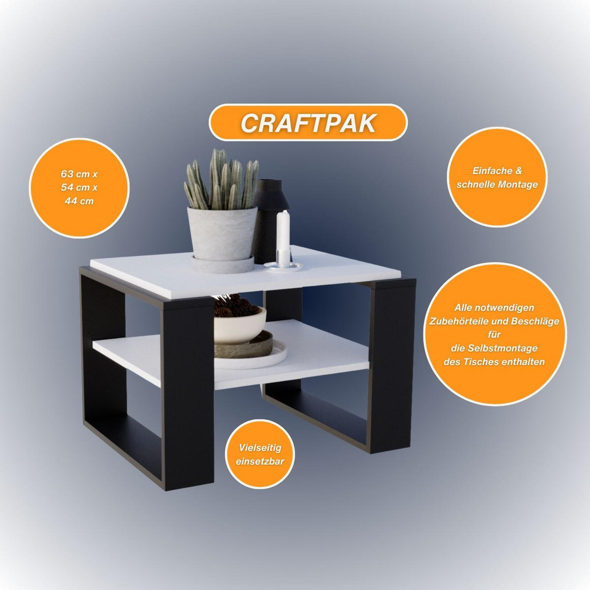 COUCHTISCH Holzwerkstoff rechteckig stabil Weiß 44/54/63cm - Schwarz/Weiß, Holzwerkstoff (54/63/44cm) - CraftPAK