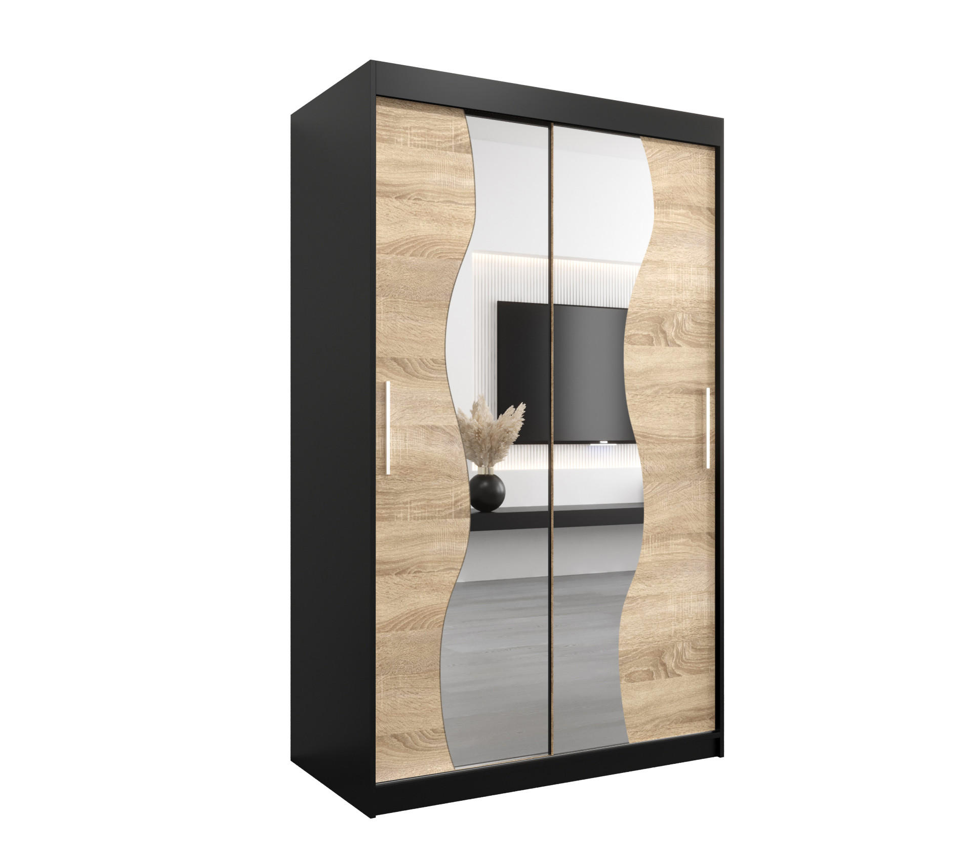 Abiks Möbel Schwebetürenschrank Schwarz, Sonoma Eiche 120x200x62 cm