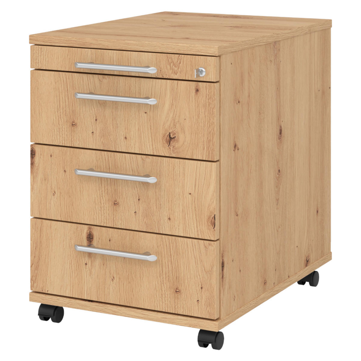 ROLLCONTAINER - 3 Materialschubladen 58/42,8/59 cm in Wildeiche Relinggriff (Kunststoff) - Wildeiche, Holzwerkstoff (42.8/59/58cm) - bümö