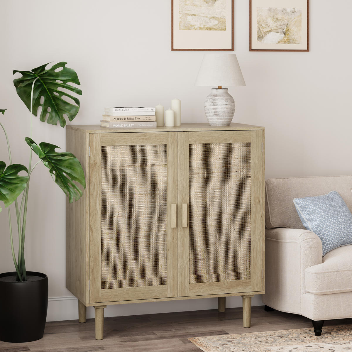 SIDEBOARD in Naturfarben mit zwei Rattan-Türen für Wohnzimmer, Esszimmer und Diele, B80/T40/H88 cm - Schwarz/Naturfarben, Holzwerkstoff (80/88/40cm) - STILVORA