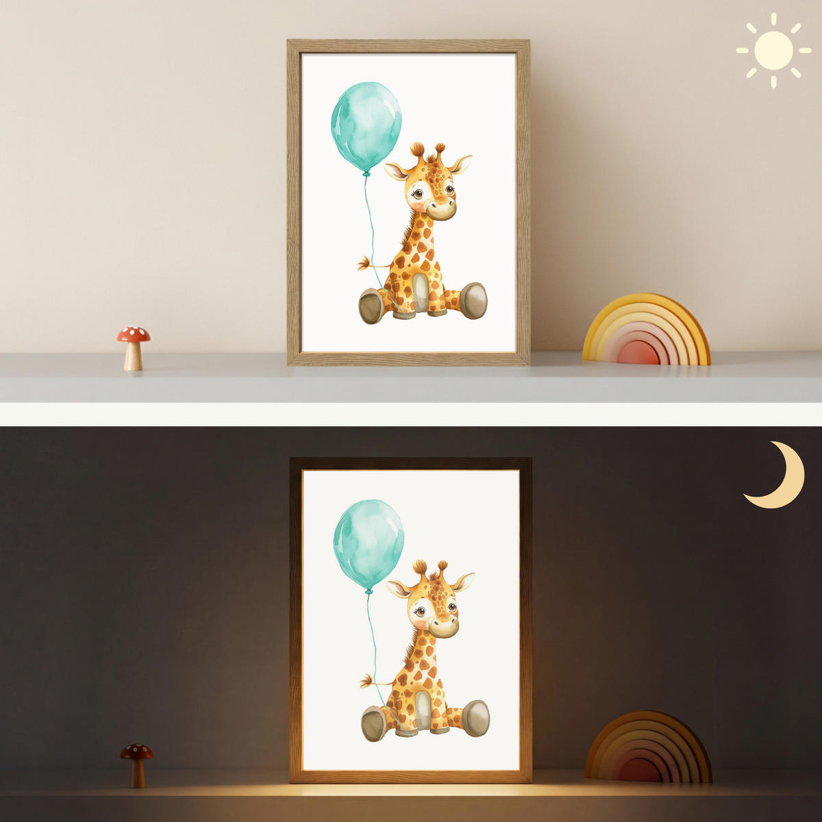 WANDLEUCHTE MIT AKKU Giraffe - Baby - Tiere - Blauer Ballon 30x40 cm - Weiß, Holzwerkstoff (30/40/8cm) - OnlyWow