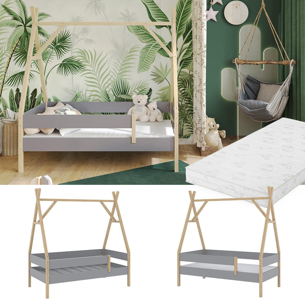 TIPI-BETT Bali Grau 80x160 cm mit Matratze - Grau, Holz - VitaliSpa