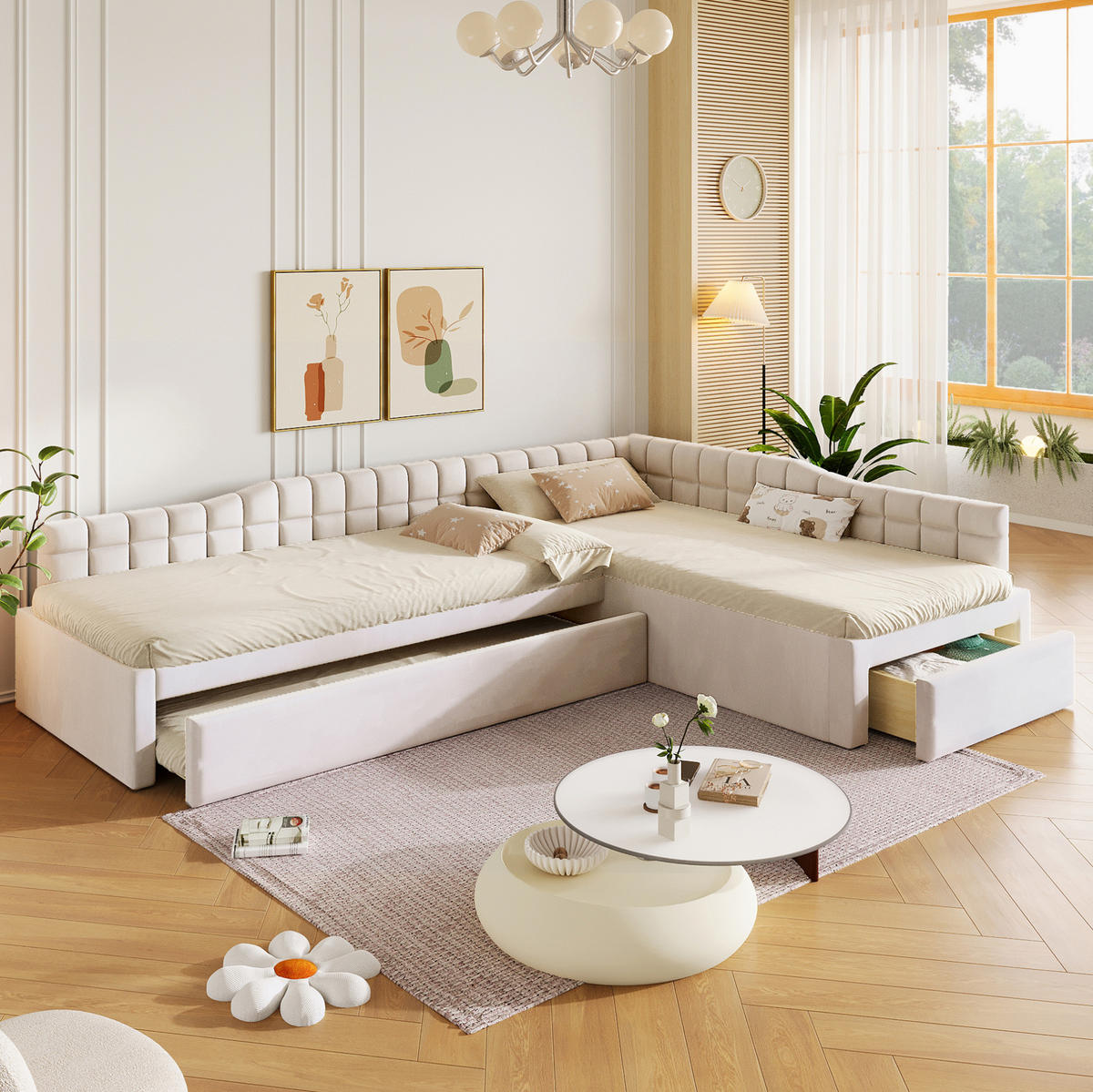 BETT 90/200 cm in Beige mit Schubladen und Samtbezug - Beige, Textil (90/200cm) - Flora Grace